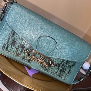 Coach Jade Shoulder Bag Piecing Teal Sage Snake Embossed Horse Carriage EUC